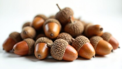 Fototapeta premium Pile of brown acorns with caps. Many oak tree seeds rest on clean white surface. Autumnal organic nature bounty ready for harvest or planting.