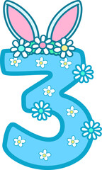 Obraz premium Blue Easter Day Number 3 with Bunny Ears and Flowers Illustration