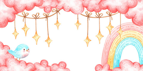 A banner with a rainbow, pink clouds, and a garland of stars. The composition is in soft tones and has room for text. Suitable for invitations, greeting cards, birthday designs, and digital templates. © AliCris