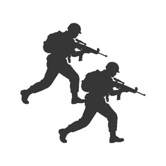 Obraz premium Silhouette of two soldiers in motion, one kneeling and one running, ideal for tactical transition scenes.