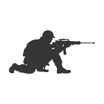 Silhouette of a kneeling soldier with a long rifle, ideal for sharpshooter and tactical overwatch illustrations.