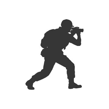 Silhouette of a soldier walking with binoculars, perfect for reconnaissance, scouting, and surveillance themes.