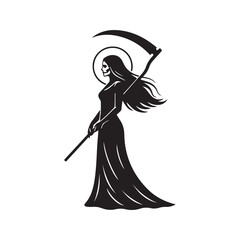 Naklejka premium Silhouette of a female grim reaper holding a scythe, dark gothic angel of death vector illustration 