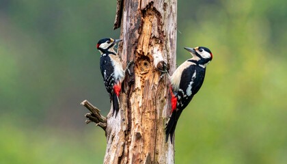 Obraz premium A red admiral butterfly rests on a branch of a great forest tree where a spotted woodpecker with black and white feathers perches amidst the wild nature