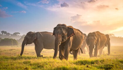 Fototapeta premium A large herd of wild horses and African elephants grazes across the grassy safari plains of a Kenyan park as nature creates a stunning silhouette against the golden wildlife sunset