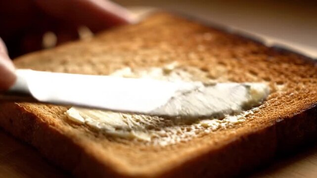 A close-up shot of a hand using a knife to spread butter evenly across a warm, golden-brown slice of toasted bread.