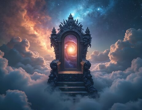 Ornate throne opens portal to swirling galaxy above clouds. Majestic seat offers access to cosmos, stars, and infinite universe. Fantasy gateway inspires dreams, power, and spiritual journeys.