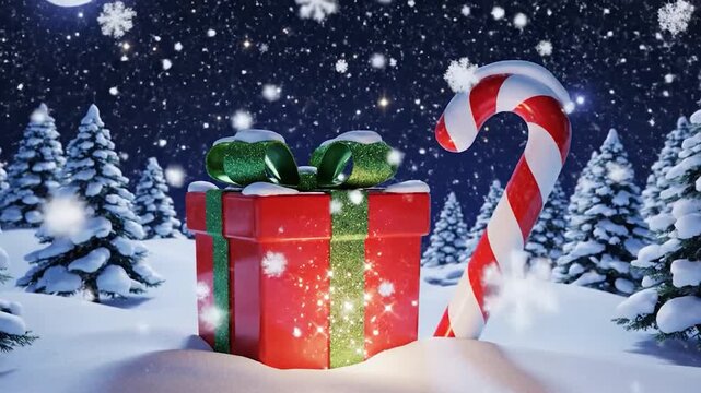 A festive red gift box and candy cane stand in a snowy winter wonderland