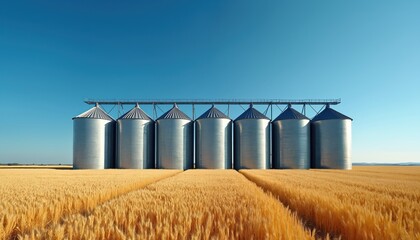 Obraz premium Line of silver grain silos stands in golden wheat field under clear blue sky. Cylindrical metal towers store harvested crops. Rural landscape with agricultural storage facilities, ripe cereal plants.