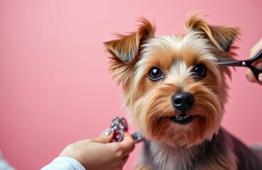 Fototapeta premium Yorkshire terrier gets haircut at grooming salon. Pro groomer trims dog fur with scissors. Small pet spa service, cute animal care and beauty.
