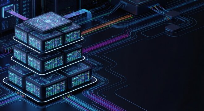 Futuristic Data Center Stack with Illuminated Servers and Network Connections