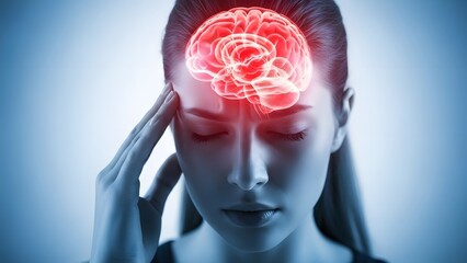 Woman suffering from severe headache and migraine. Mental health and neurology. Female person touching temples with glowing red brain showing stress and pain