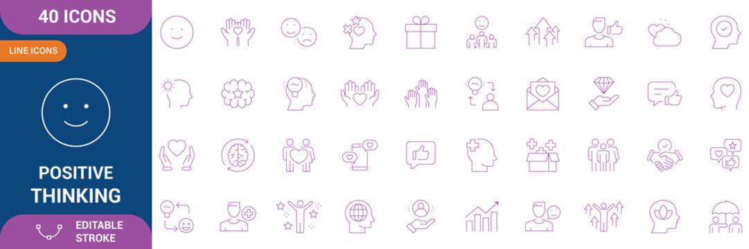 Positive Thinking Icon Set. Open mind, mindset, smart think, good people, good habits, brain process, design thinking icon, optimism, motivation, creativity, personal growth. Editable stroke. Vector