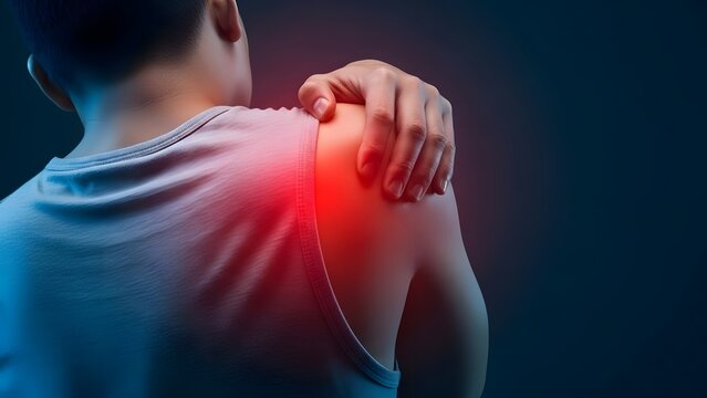Muscular shoulder pain and athletic injury recovery. Physical therapy and inflammation relief. Young man holding his painful red glowing shoulder joint after a sports workout