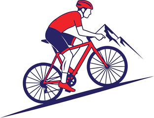 Cyclist Climbing Mountain Illustration &ndash; Road Bike Rider in Red Helmet and Jersey on Uphill Path
