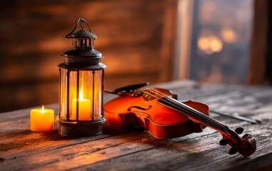 Rustic Lantern Beside Empty Violin on Wooden Table