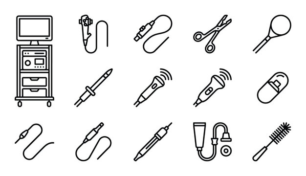 Endoscopy diagnostic equipment line icons set for hospital or medical clinic services
