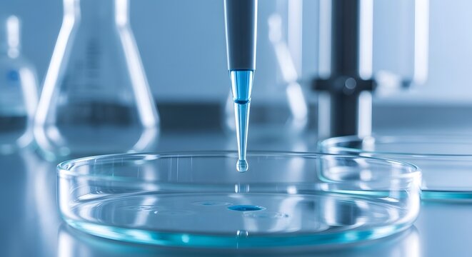 Laboratory liquid pipetting and petri dish sample testing. Scientific research and clinical biotechnology. Close up of a pipette tip dropping blue liquid into a clear glass dish