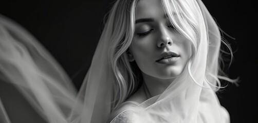 Naklejka premium Young woman blonde hair veiled white fabric rests eyes closed. Her face serene peaceful evokes calm beauty and gentle grace. Soft light highlights delicate features. Timeless elegance captured.
