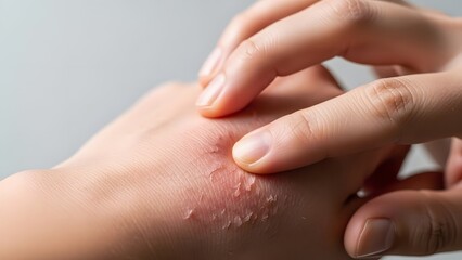 Fototapeta premium Psoriasis skin irritation and dermatological hand care. Eczema symptoms and allergy relief. Close up of a finger touching a dry scaly red patch of peeling skin on a person's hand