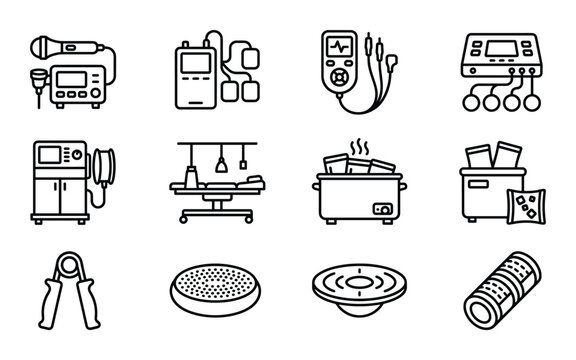 Physiotherapy equipment linear icons vector illustration for rehabilitation therapy clinic