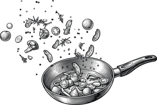 Frying pan with flying vegetables and herbs hand drawn sketch vector illustration