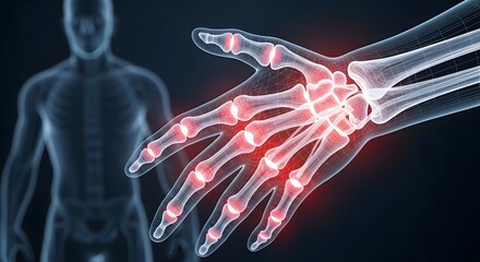 Rheumatoid arthritis and hand joint inflammation. Orthopedic science and skeletal health. Human hand wireframe showing red painful bone joints