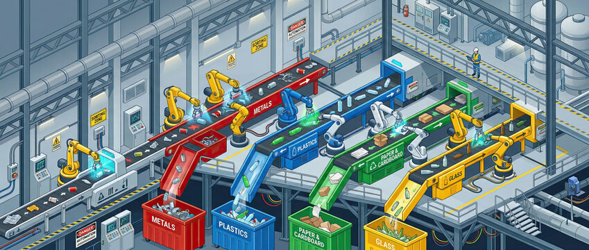 Automated Recycling Robotics Facility With Conveyor Sorting Systems And Industrial Waste Management Workflow Illustration