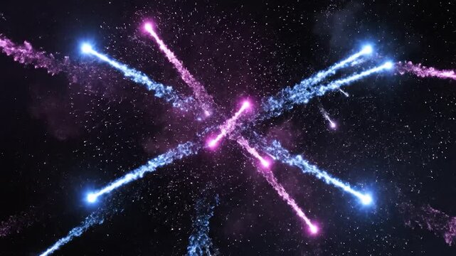 Vibrant blue and pink light trails explode across a dark cosmic background.