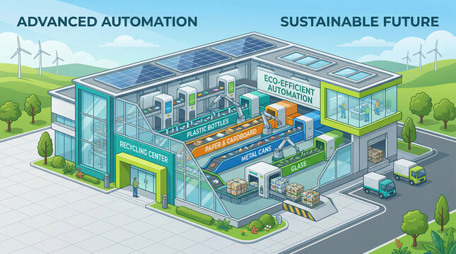 Automated Recycling Center With Robotic Sorting Systems Solar Panels And Sustainable Waste Management Facility Illustration