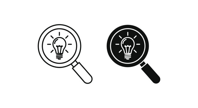 Magnifying glass with a glowing light bulb illustration representing innovative idea search vector graphic design.