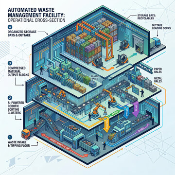 Automated Waste Management Facility Cross Section Showing Robotic Sorting Lines Conveyor Systems And Recycling Operations Infographic Illustration