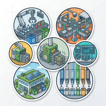 Recycling Automation Infographic Icon Set Featuring Robotic Sorting Material Processing Systems And Categorized Waste Streams Illustration