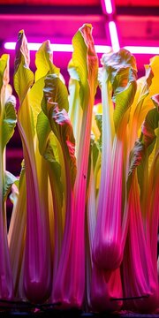 Softly lit celtuce stalks, kissed by pastel hues, reach skyward from a rustic stall ,  light and airy,  culinary