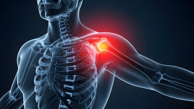 Shoulder joint dislocation and skeletal bone pain. Orthopedic surgery and posture correction. Human x-ray skeleton showing glowing red inflammation in the rotator cuff