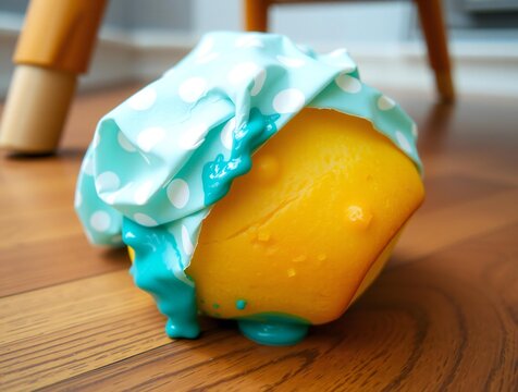 Close up of a yellow object covered in blue slime dripping onto a wooden floor