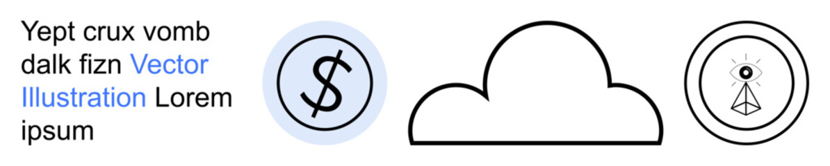Obraz premium Digital security, cloud computing, data storage, financial management, surveillance, connectivity. A cloud icon surrounded by a dollar symbol and an eye emblem. Digital security and cloud computing