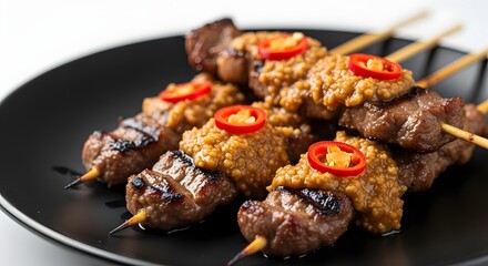 Delicious grilled meat skewers topped with savory peanut sauce and sliced red chili peppers, beautifully presented on a black plate, perfect for a culinary delight and appetizing meal