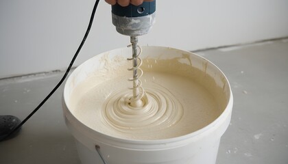 Fototapeta premium Skilled worker mixing decorative plaster in a bucket for modern home renovation concept, preparing for interior finish
