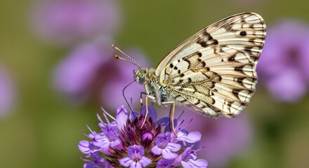 Fototapeta premium A delicate butterfly with intricate patterns on its wings is perched on a vibrant purple flower, surrounded by a lush green meadow.