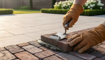 Skilled builder hands laying bricks with mortar on a new outdoor patio terrace, showcasing a meticulous home renovation and improvement concept.
