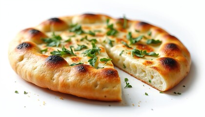 Naklejka premium Golden brown garlic naan bread is topped with fresh green herbs. The baked flatbread has a golden crust with charred spots. It is served on a clean white background.