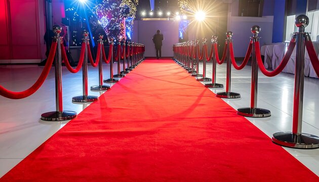 Red carpet pathway with rope stanchions leads to a softly lit figure in the distance