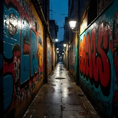 Fototapeta premium Rainy Graffiti Alley: Vibrant Street Art Reflections at Night