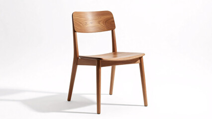 A sleek, minimalist dining chair crafted from light-toned wood with a natural grain finish is positioned at an angle against a pristine white background, providing a clean template for interior design