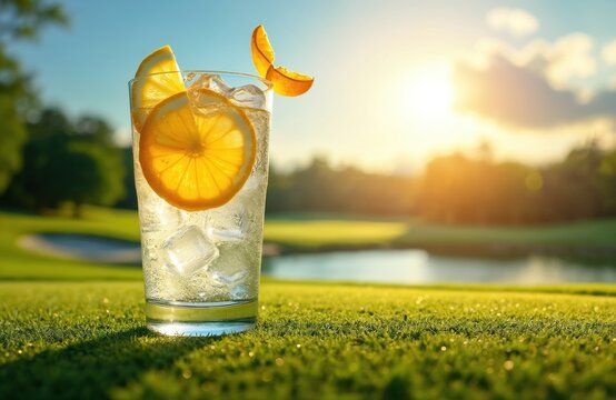 Glass with ice and lemon slice sits on green grass at golf course. Sun shines bright in background, reflecting on pond. Cool drink looks refreshing.