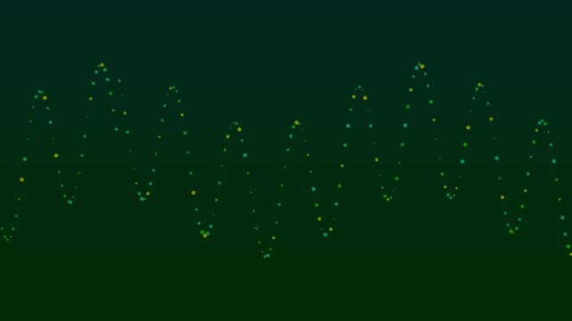 Abstract particle wave visualization with glowing green and teal dots forming sinusoidal strands across a deep green gradient background, conveying motion and data aesthetics for futuristic digital