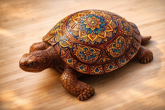 Beautiful turtle sculpture with ornate shell designs on a wooden surface