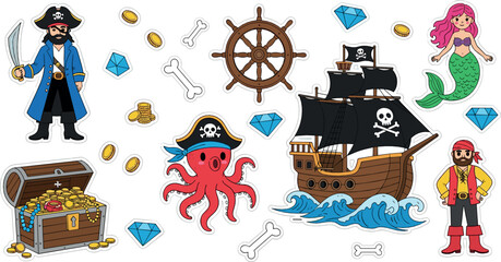 Pirate adventure cartoon vector illustration set with treasure chest ship octopus mermaid captain and nautical elements © MstNazma
