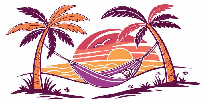 A hammock between two palm trees at sunset Vector